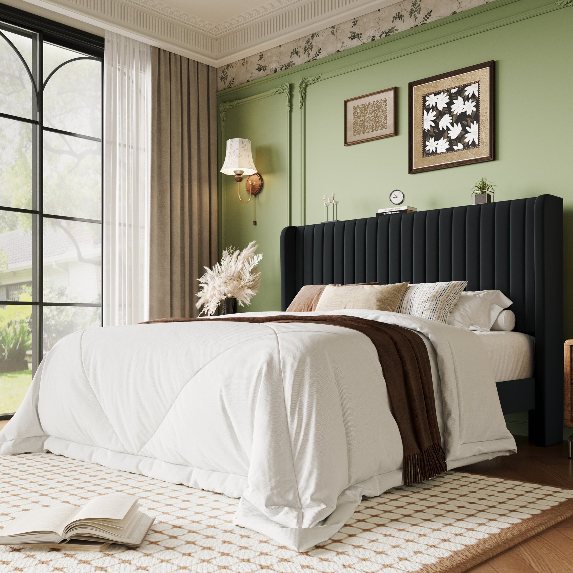 Einfach Bed Frame, Upholstered Platform Bed with Wingback Headboard, No Box Spring Required