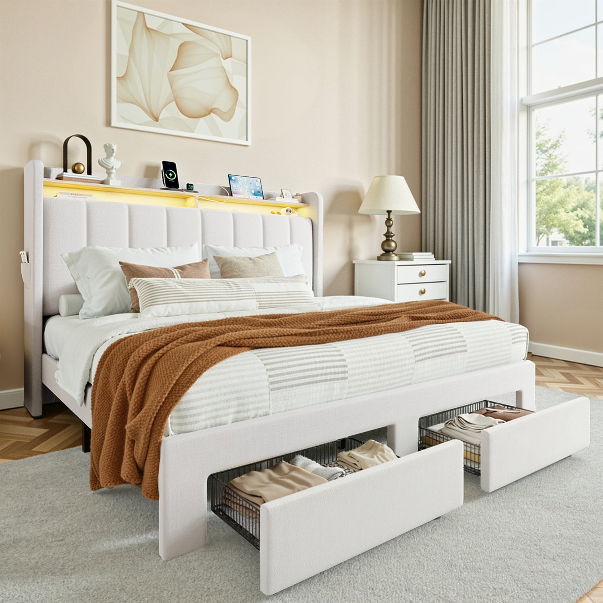 Einfach Bed Frame, Storage Bed with Built-In Charging Station, Velvet Upholstered Wingback Headboard