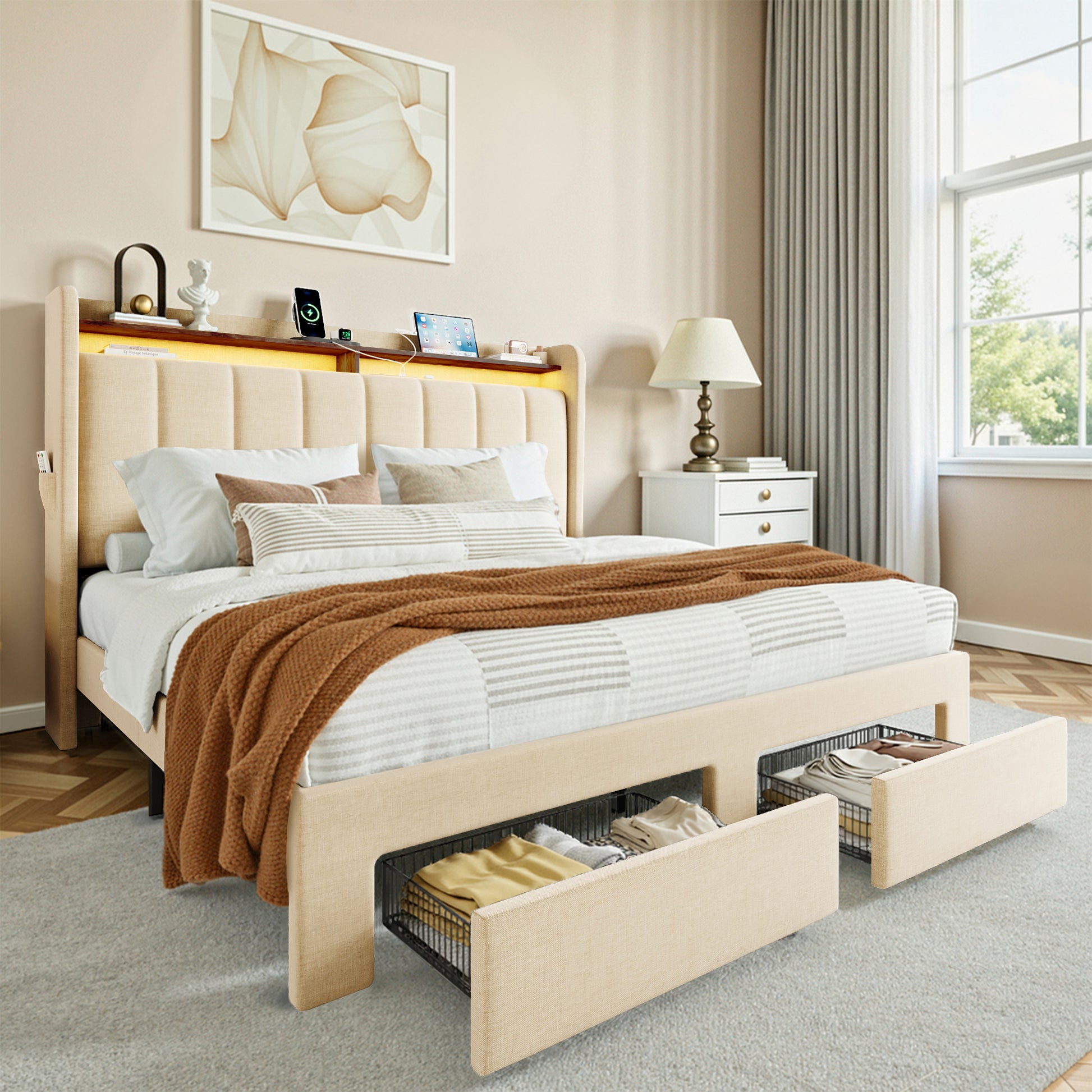Einfach Bed Frame, Storage Bed with Built-In Charging Station, Velvet Upholstered Wingback Headboard
