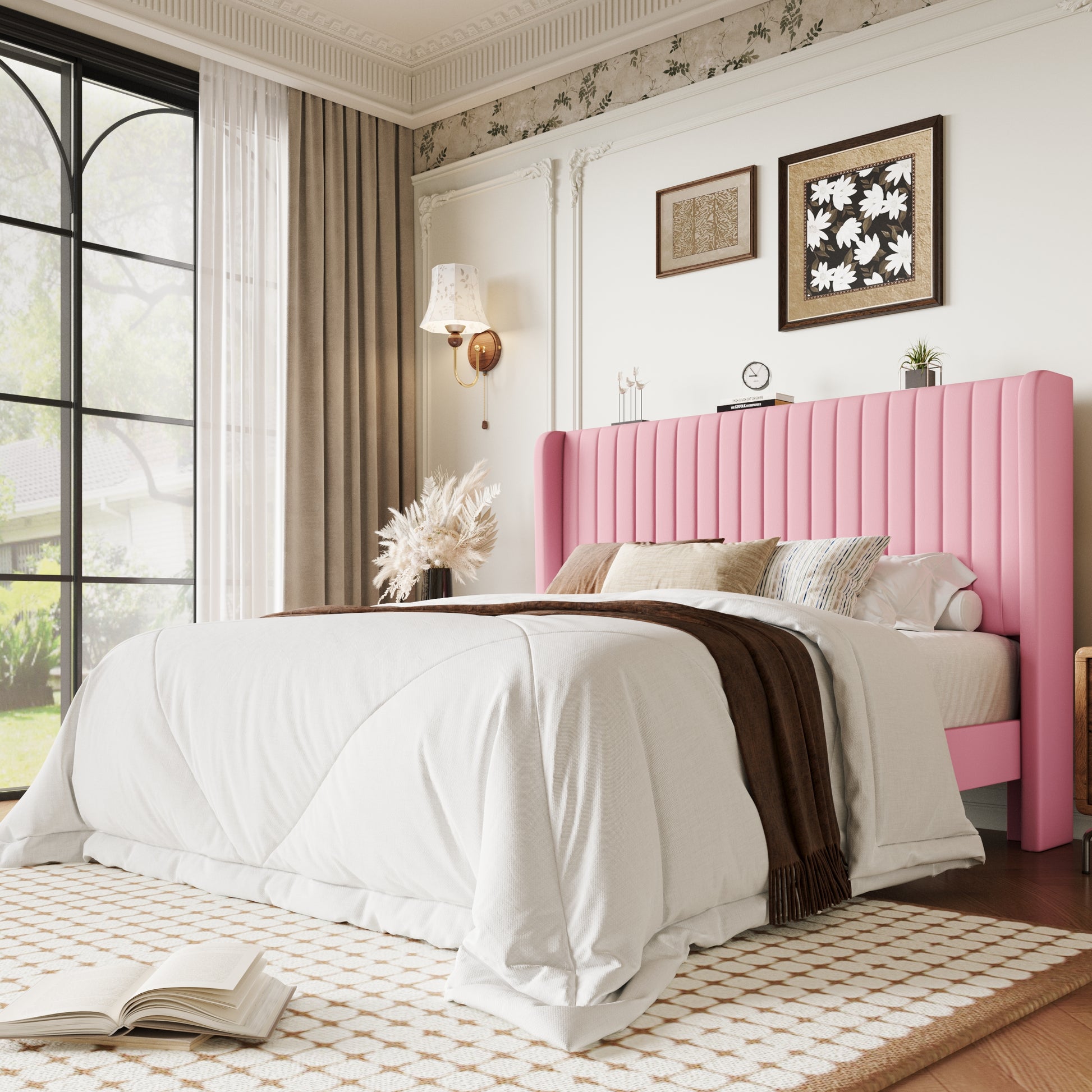 Einfach Bed Frame, Upholstered Platform Bed with Wingback Headboard, No Box Spring Required