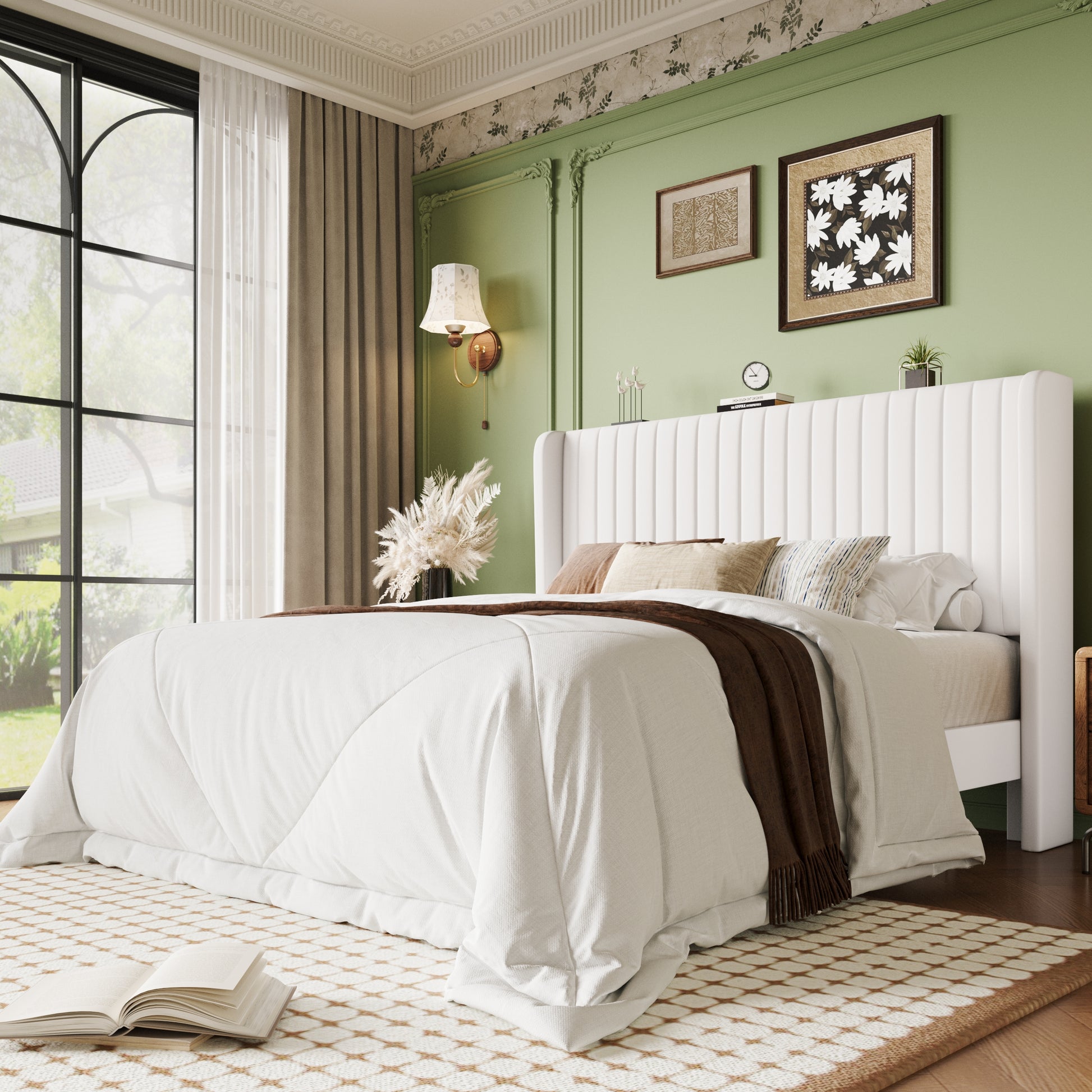 Einfach Bed Frame, Upholstered Platform Bed with Wingback Headboard, No Box Spring Required