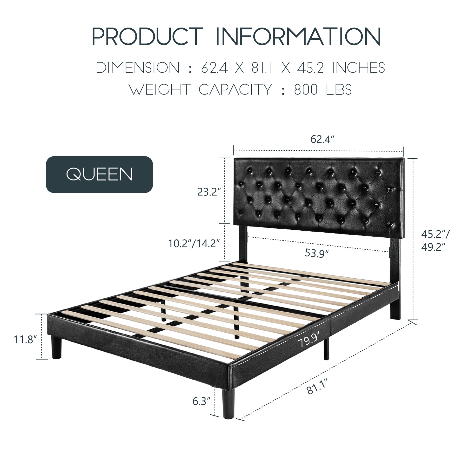 Einfach Faux Leather Platform Bed Frame with Diamond Button-tufted Headboard