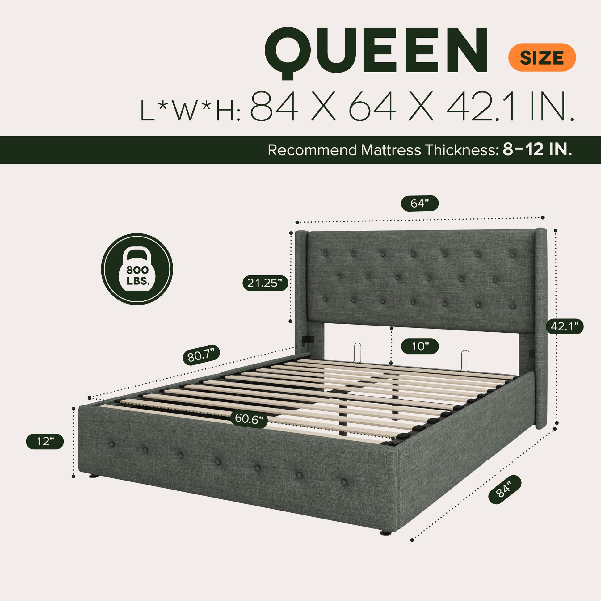 Einfach Lift up Platform Storage Bed Frame with Upholstered Wingback Headboard