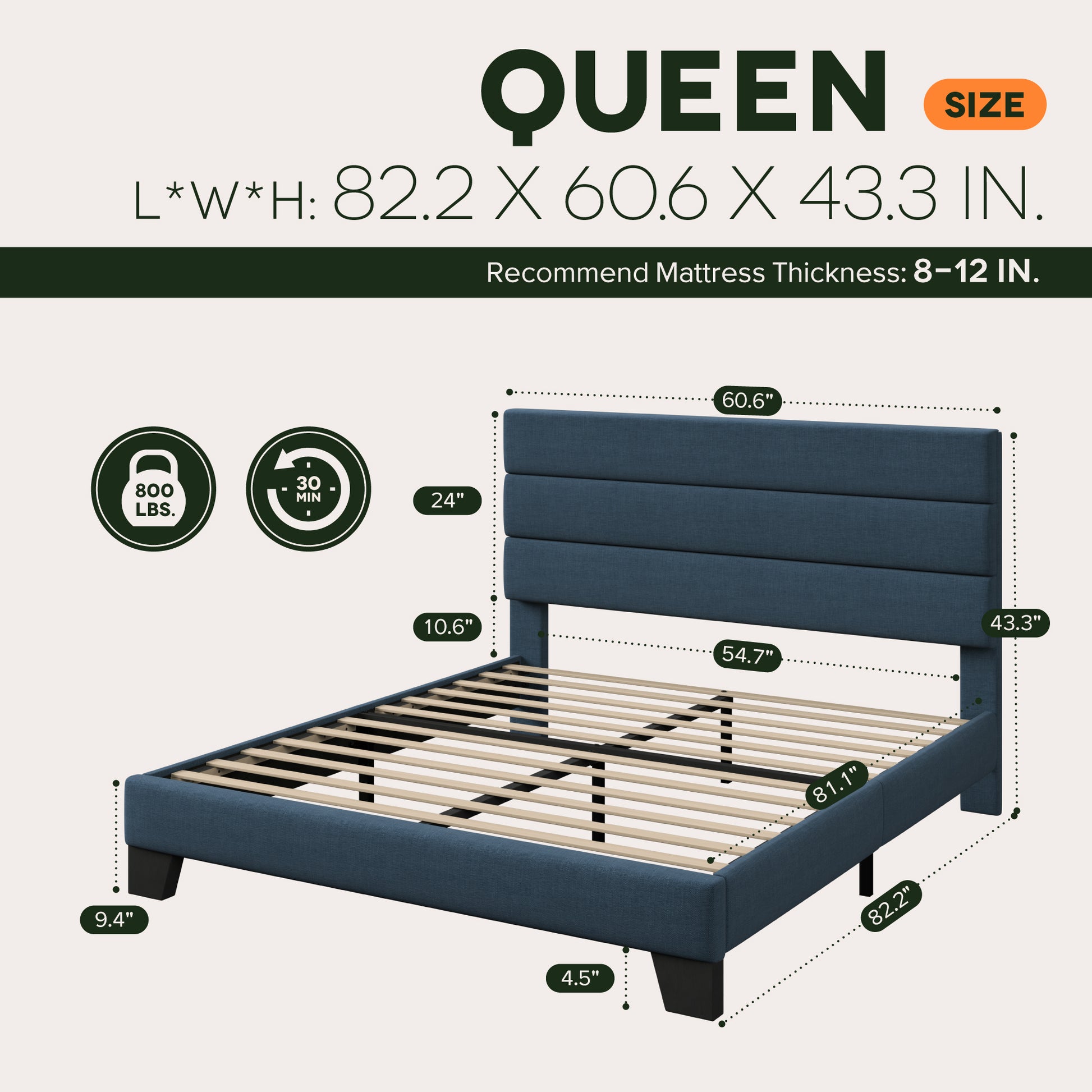 Einfach Bed Frame, Platform Bed Frame with Pannel Upholstered Fabric Headboard