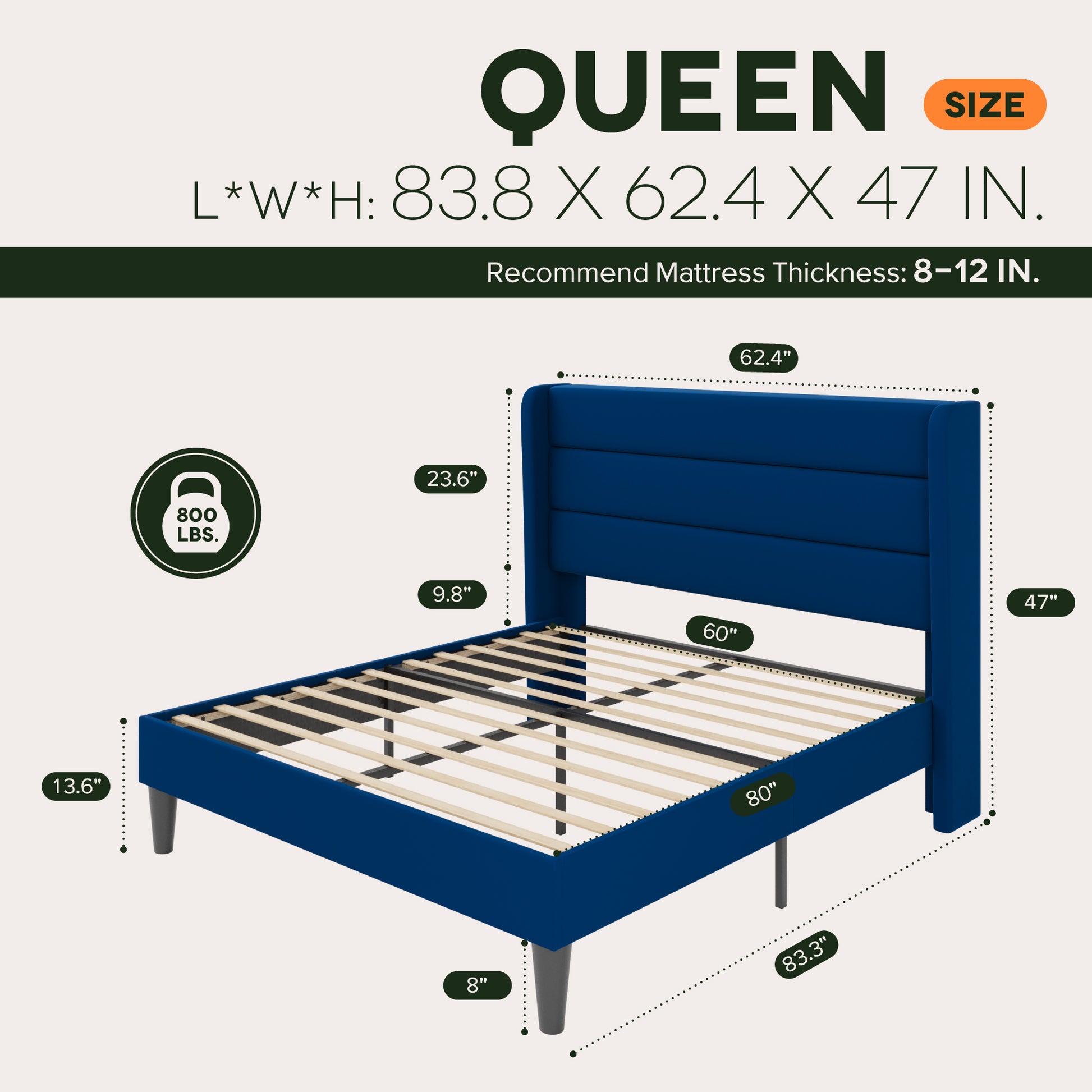 Einfach Luxury Velvet Upholstered Platform Bed Frame with Wingback Headboard