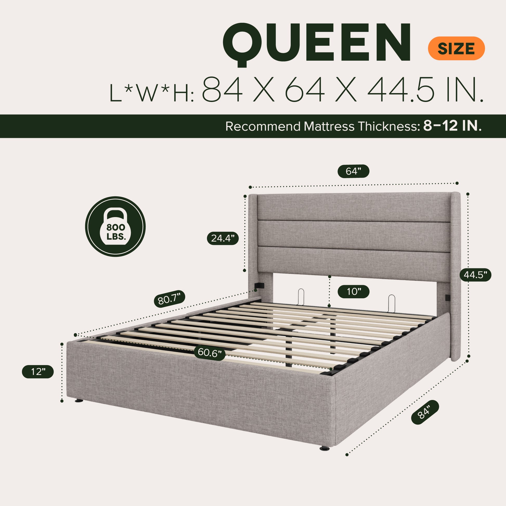 Einfach Lift up Platform Storage Bed Frame with Upholstered Wingback Headboard