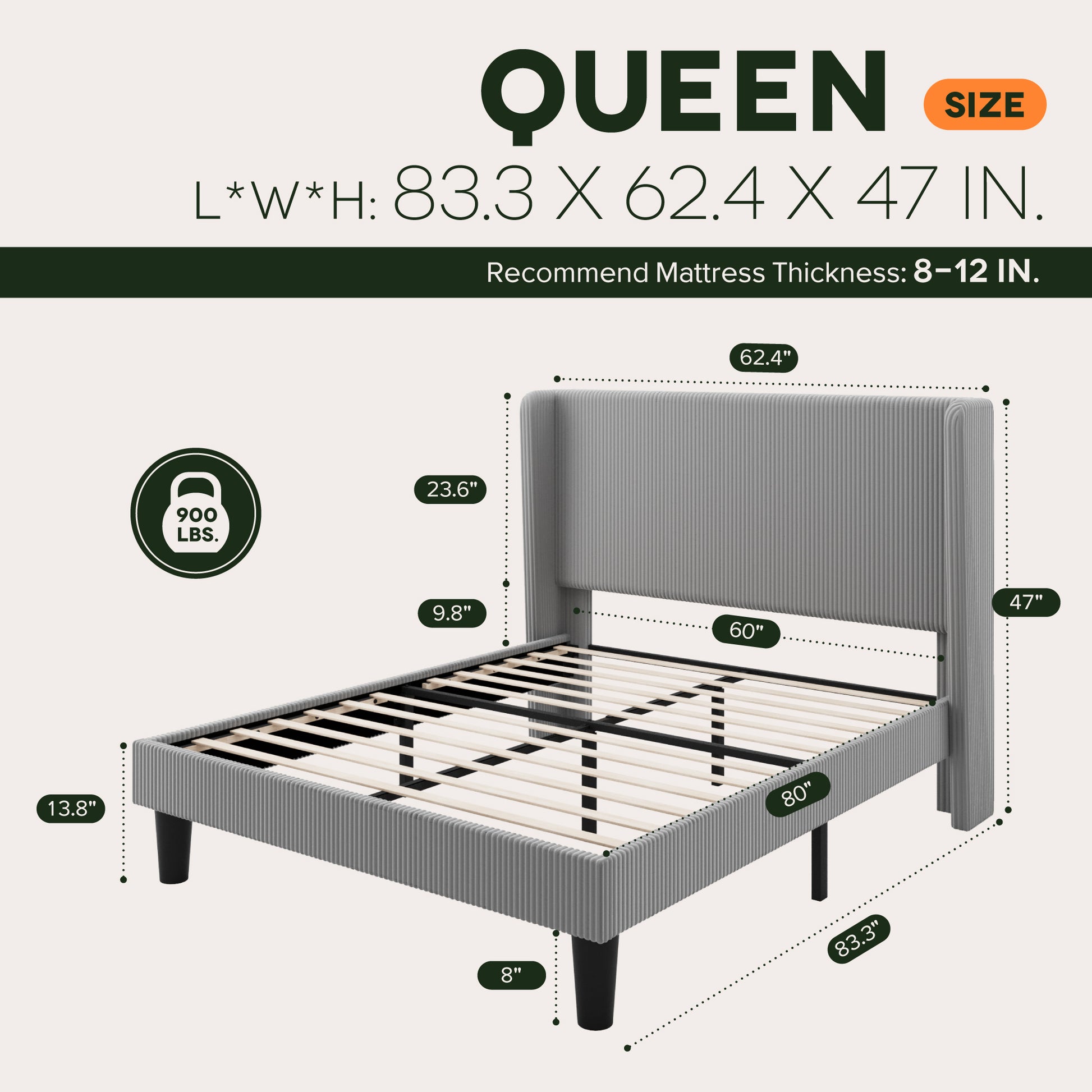 Einfach Luxury Channel-Tufted Corduroy Velvet Platform Bed Frame with Wingback Headboard