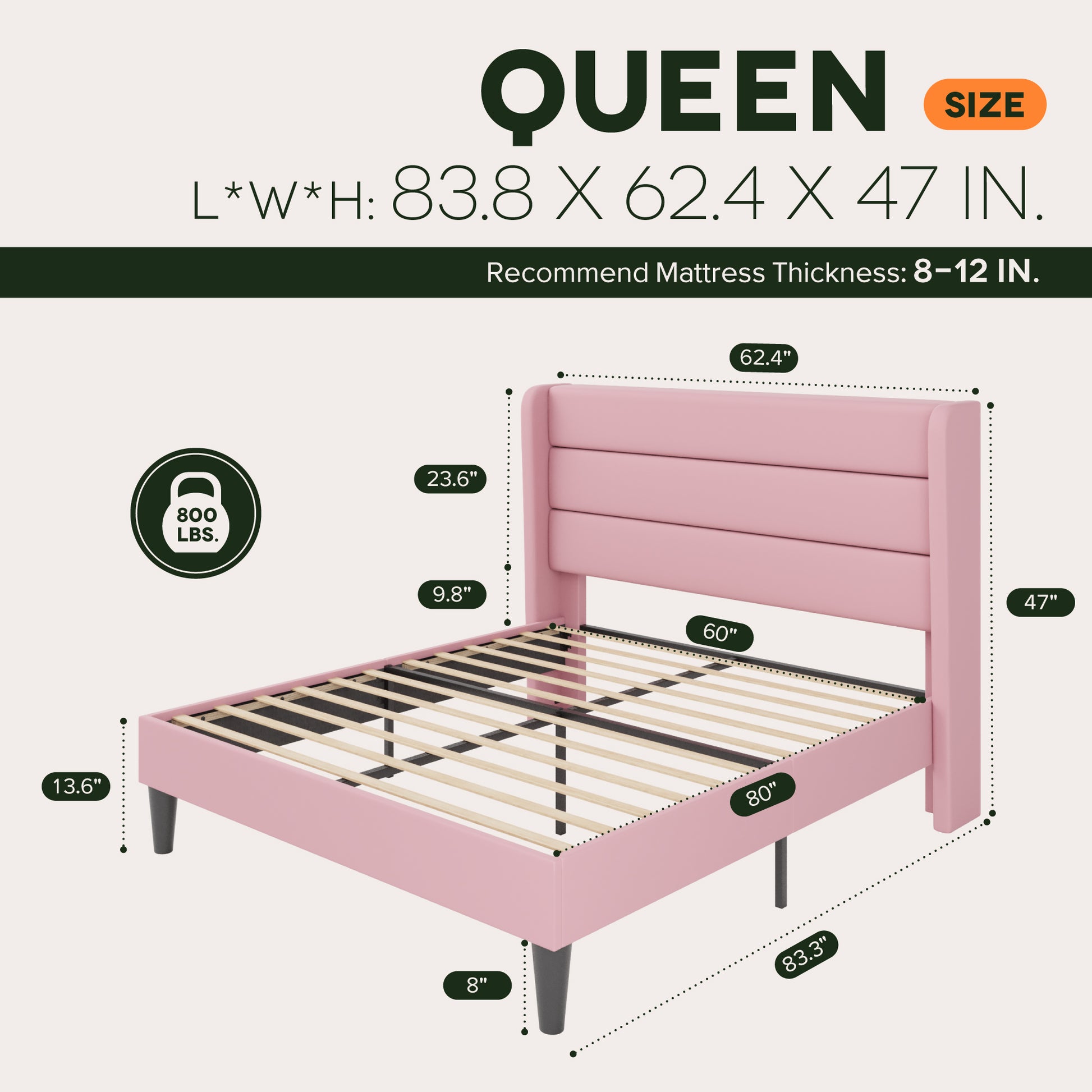 Einfach Luxury Velvet Upholstered Platform Bed Frame with Wingback Headboard