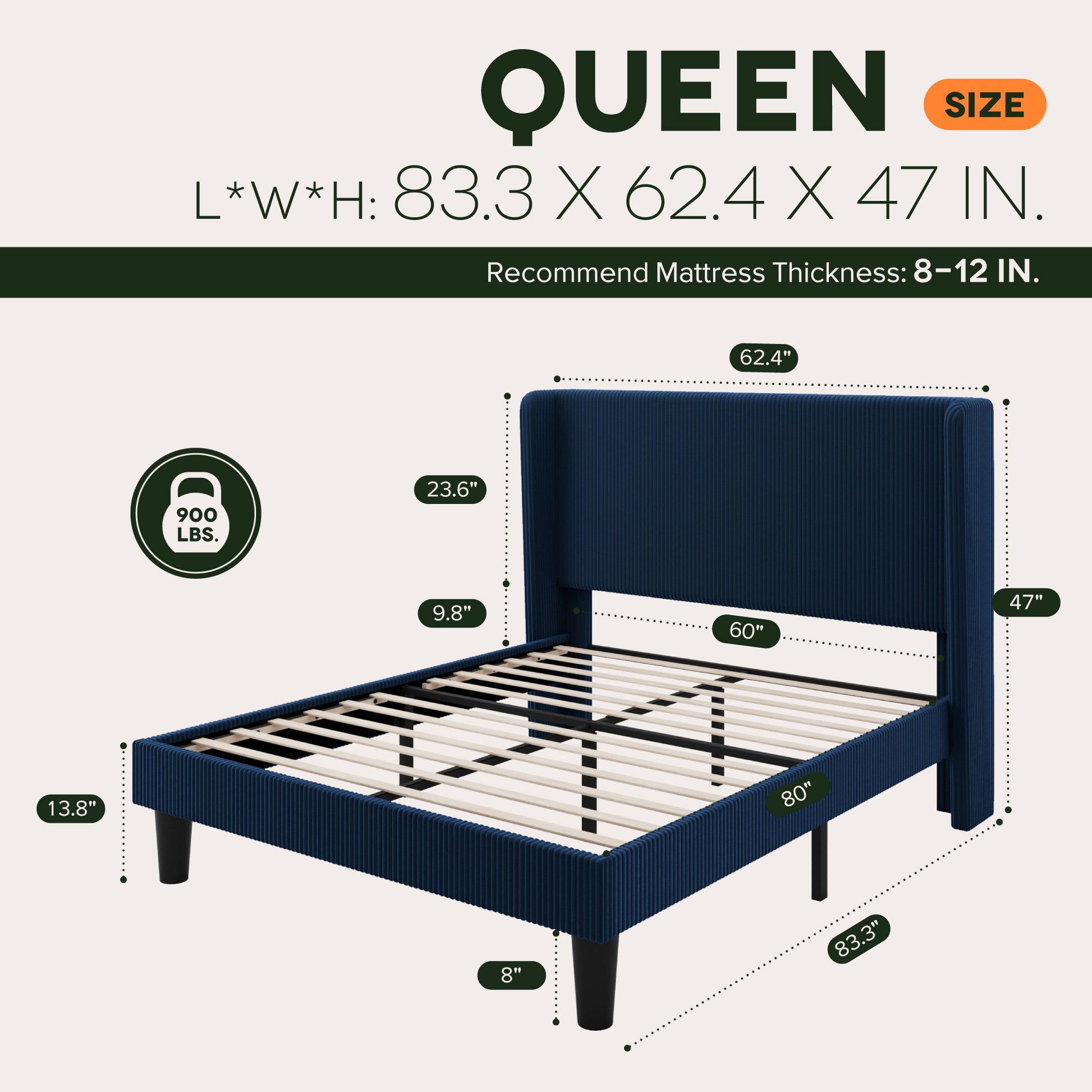Einfach Luxury Channel-Tufted Corduroy Velvet Platform Bed Frame with Wingback Headboard
