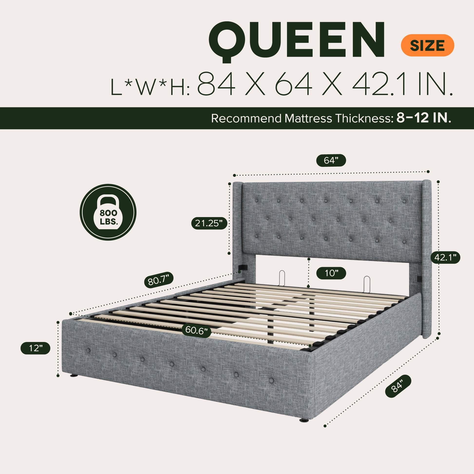 Einfach Lift up Platform Storage Bed Frame with Upholstered Wingback Headboard
