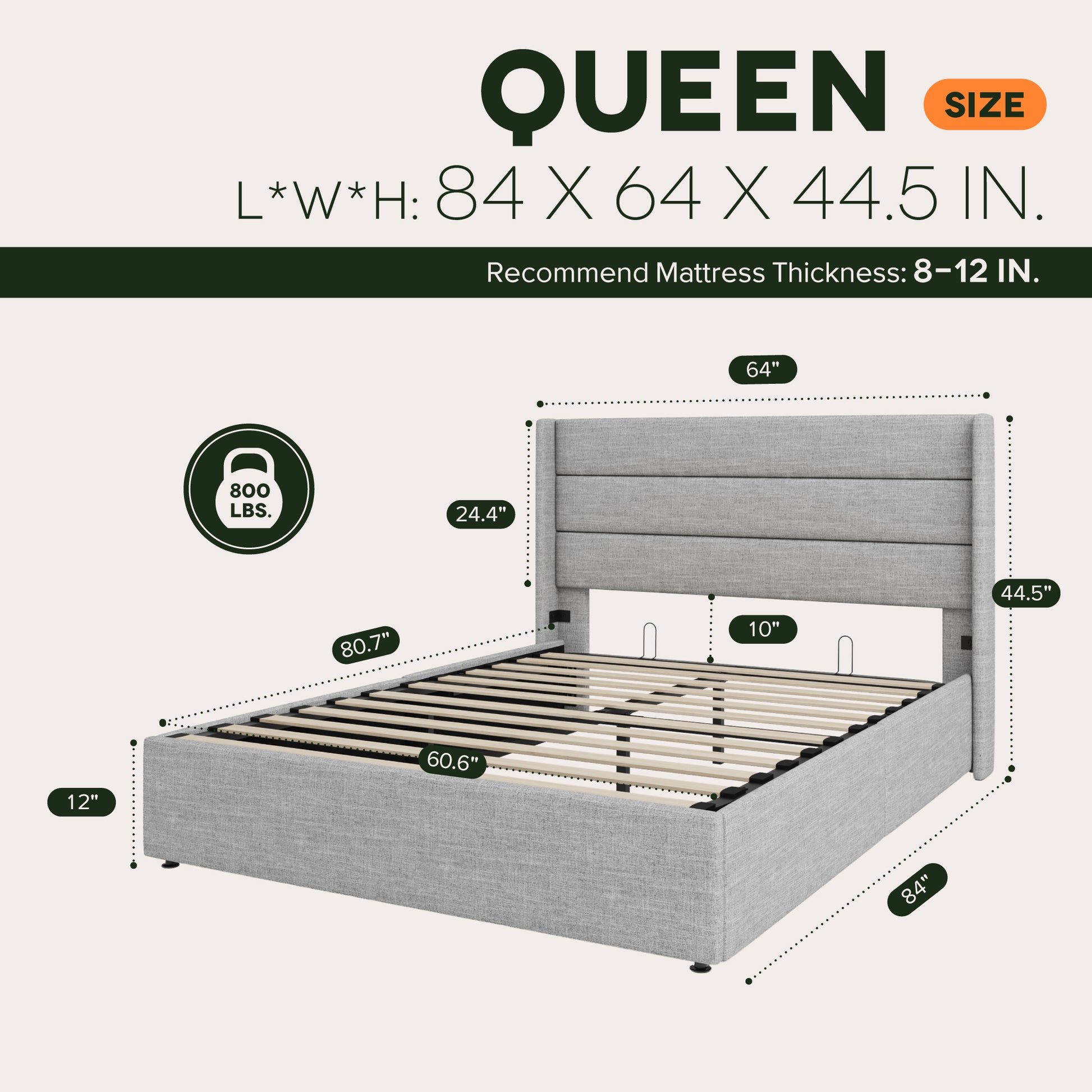 Einfach Lift up Platform Storage Bed Frame with Upholstered Wingback Headboard