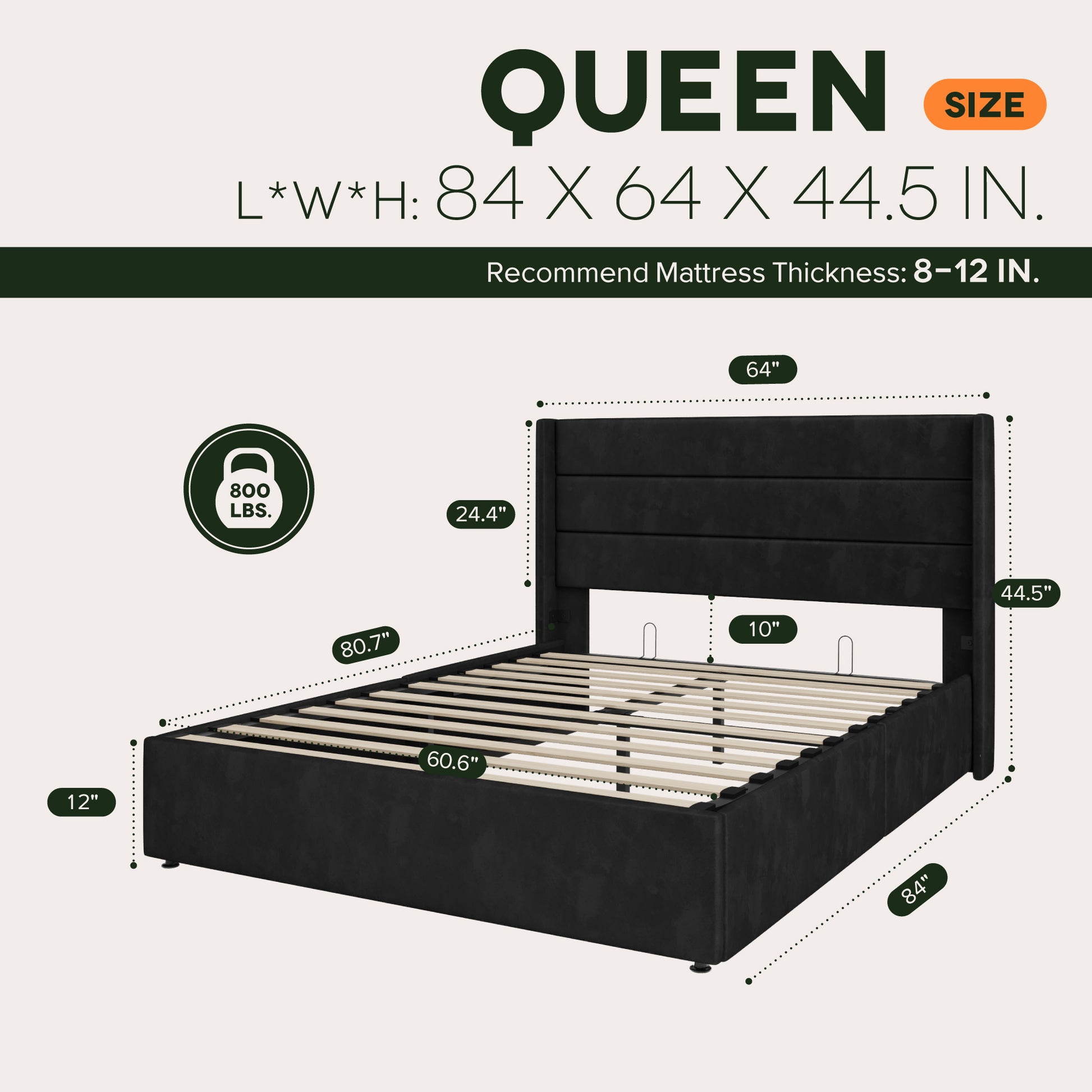 Einfach Hydraulic Lift up Platform Storage Bed Frame with Velvet Upholstered Wingback Panel Headboard