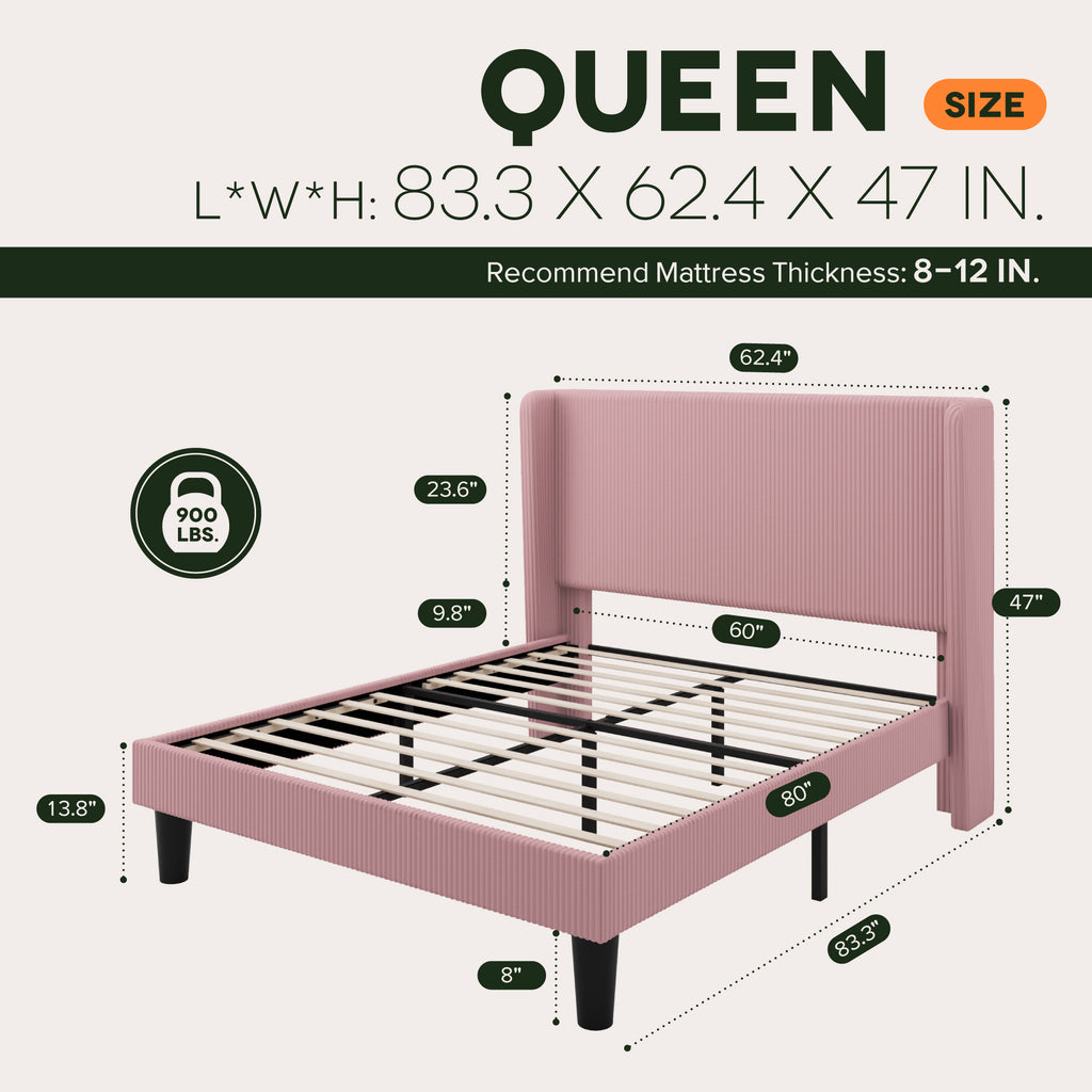 Einfach Luxury Channel-Tufted Corduroy Velvet Platform Bed Frame with Wingback Headboard