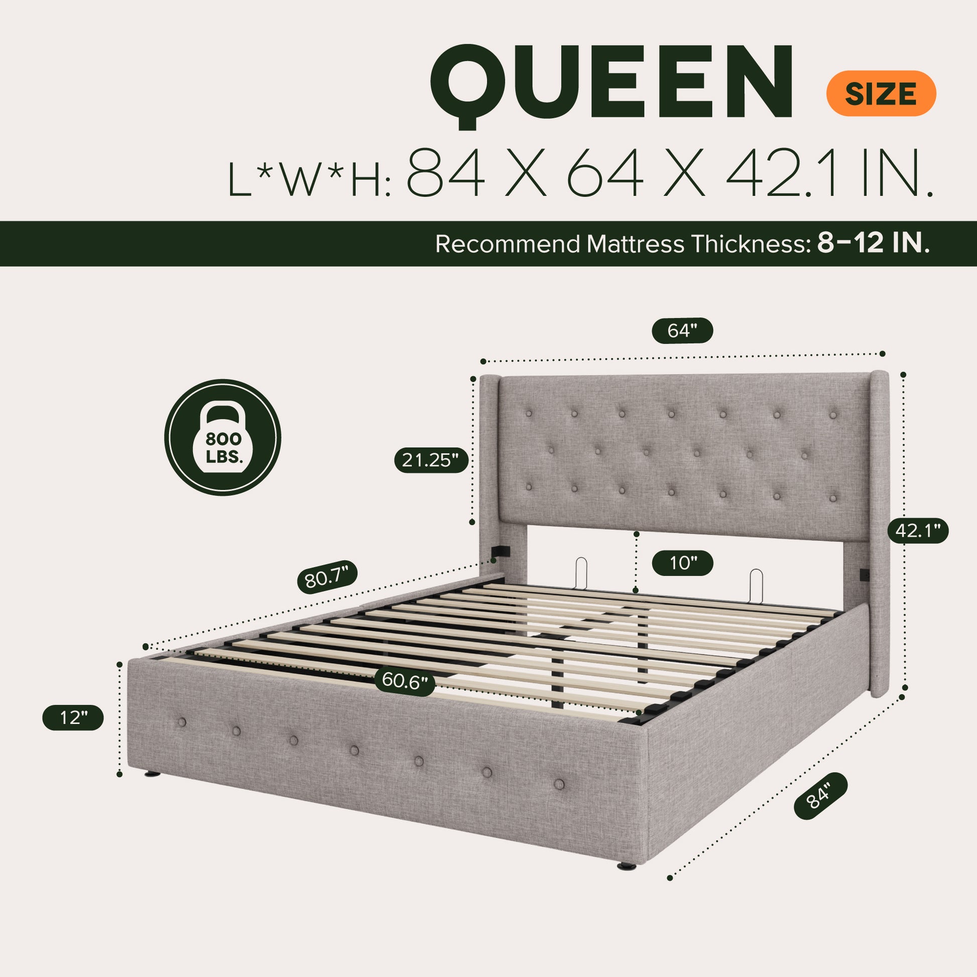 Einfach Lift up Platform Storage Bed Frame with Upholstered Wingback Headboard