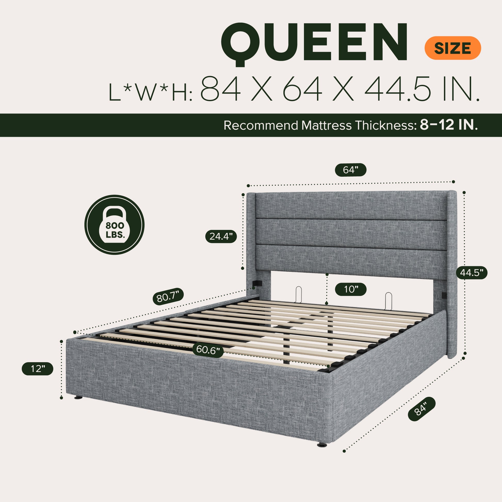 Einfach Lift up Platform Storage Bed Frame with Upholstered Wingback Headboard