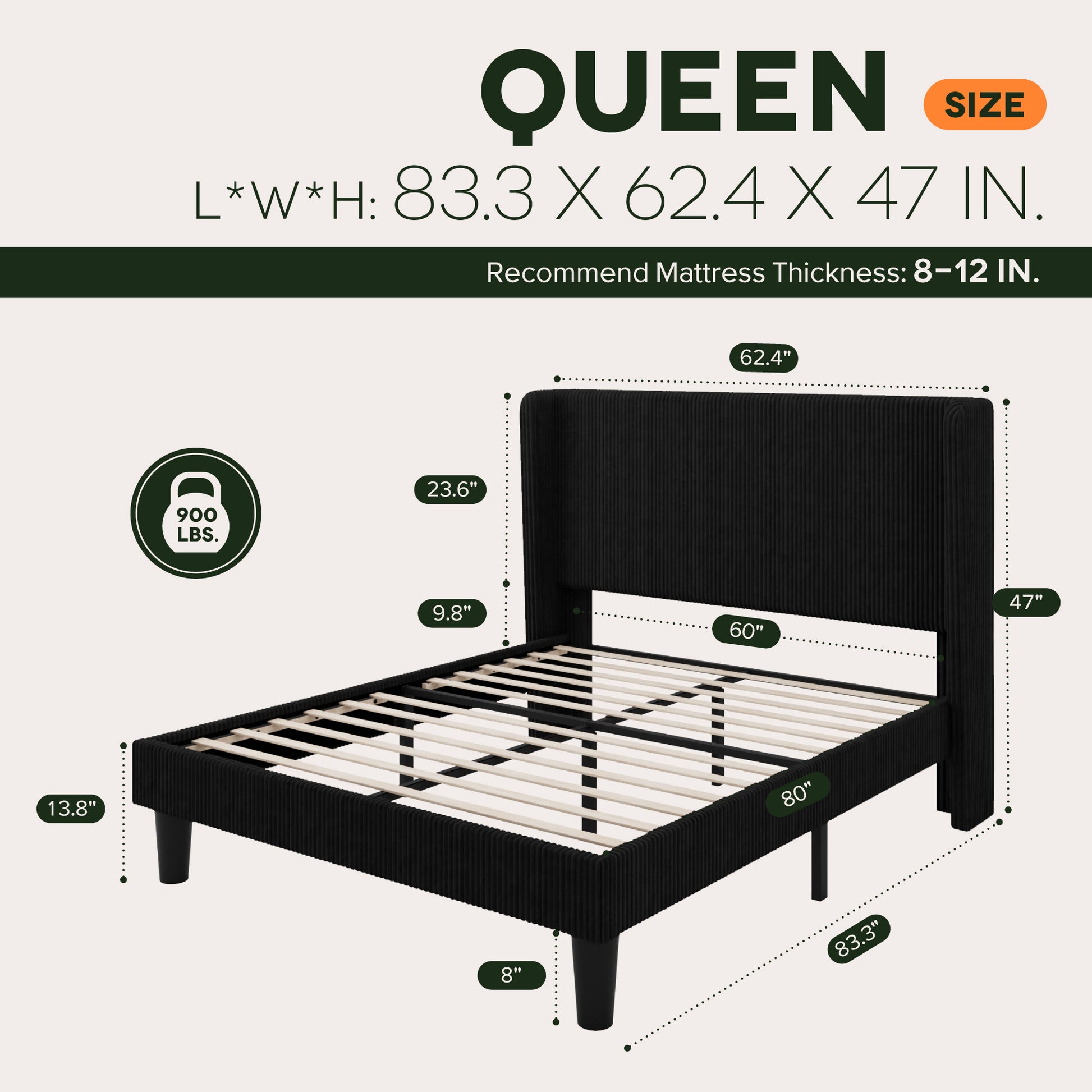 Einfach Luxury Channel-Tufted Corduroy Velvet Platform Bed Frame with Wingback Headboard