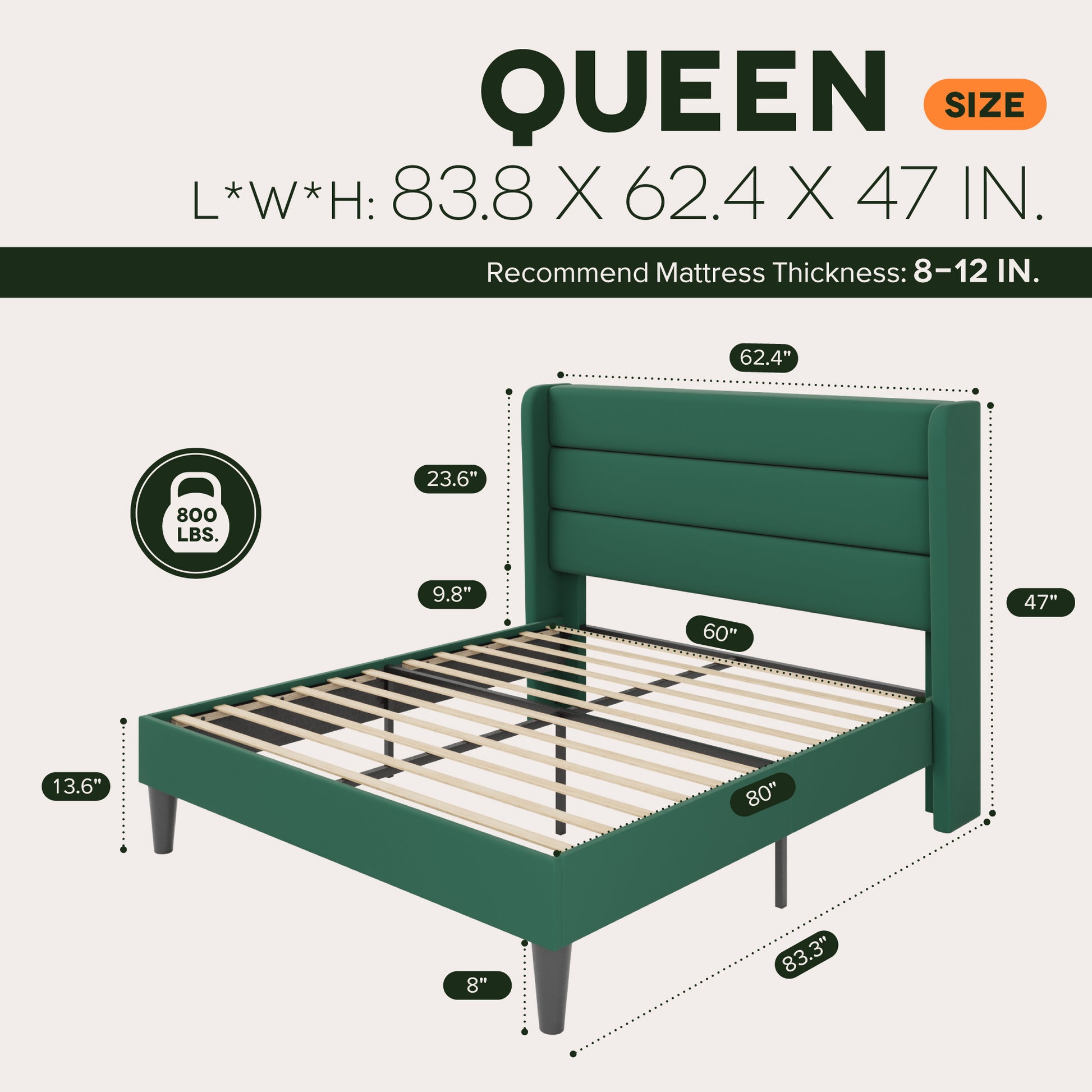 Einfach Luxury Velvet Upholstered Platform Bed Frame with Wingback Headboard
