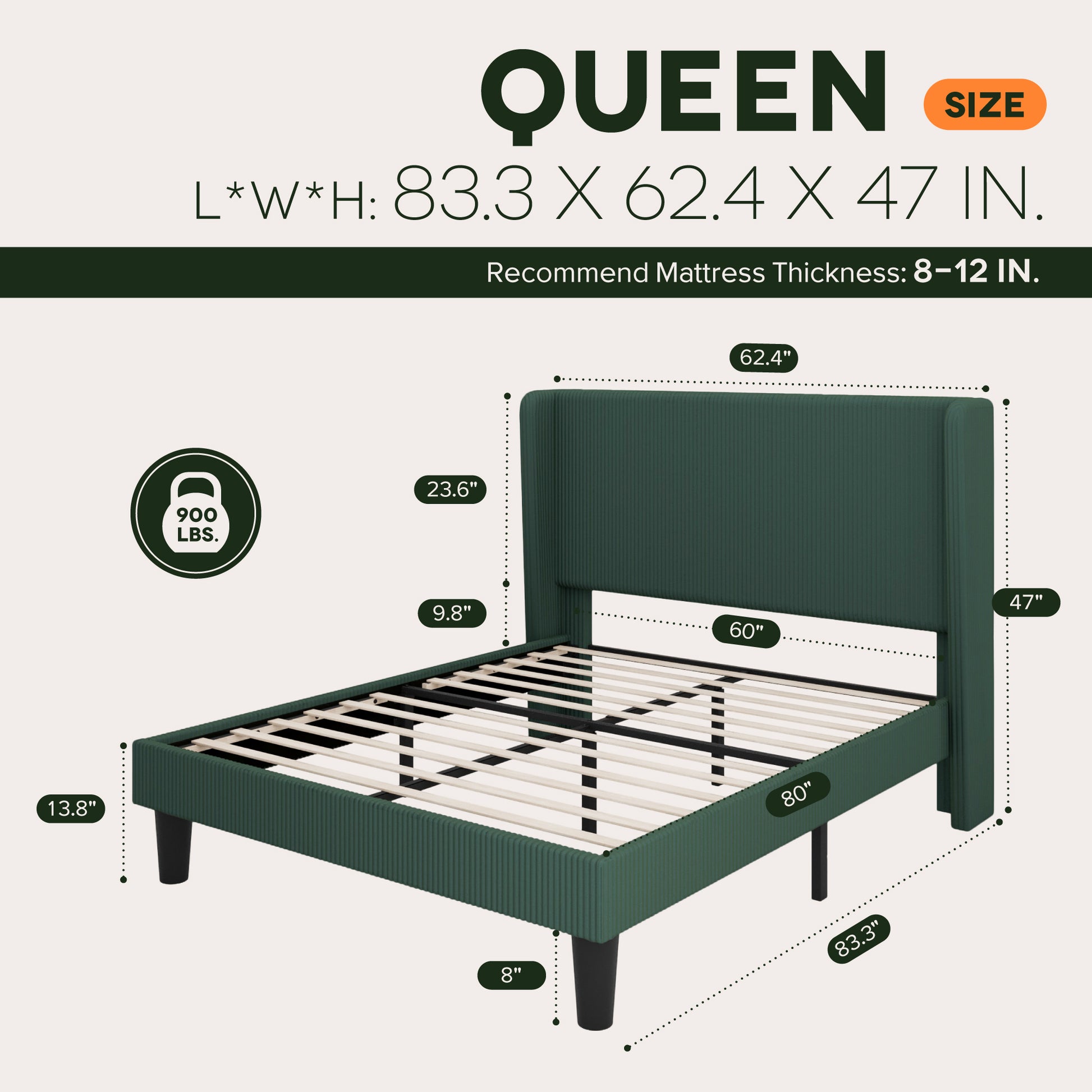 Einfach Luxury Channel-Tufted Corduroy Velvet Platform Bed Frame with Wingback Headboard