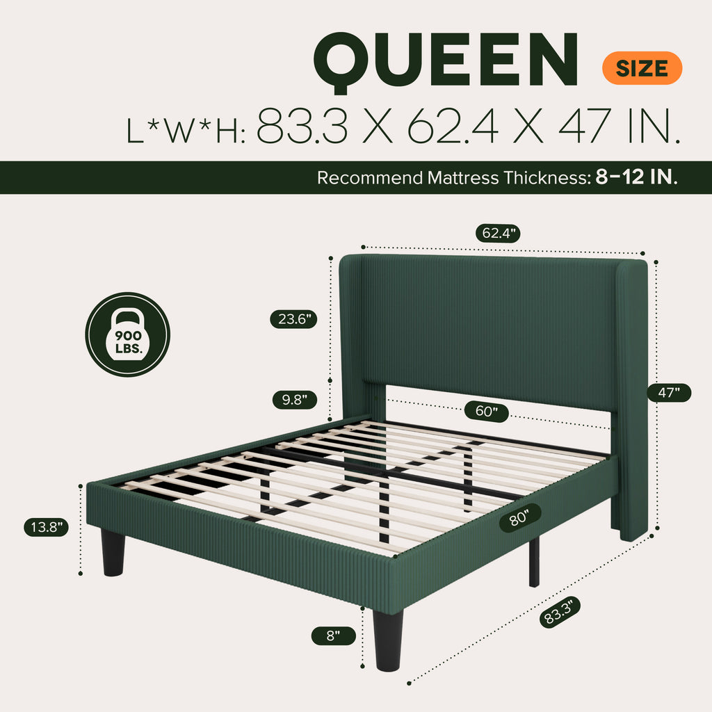 Einfach Luxury Channel-Tufted Corduroy Velvet Platform Bed Frame with Wingback Headboard