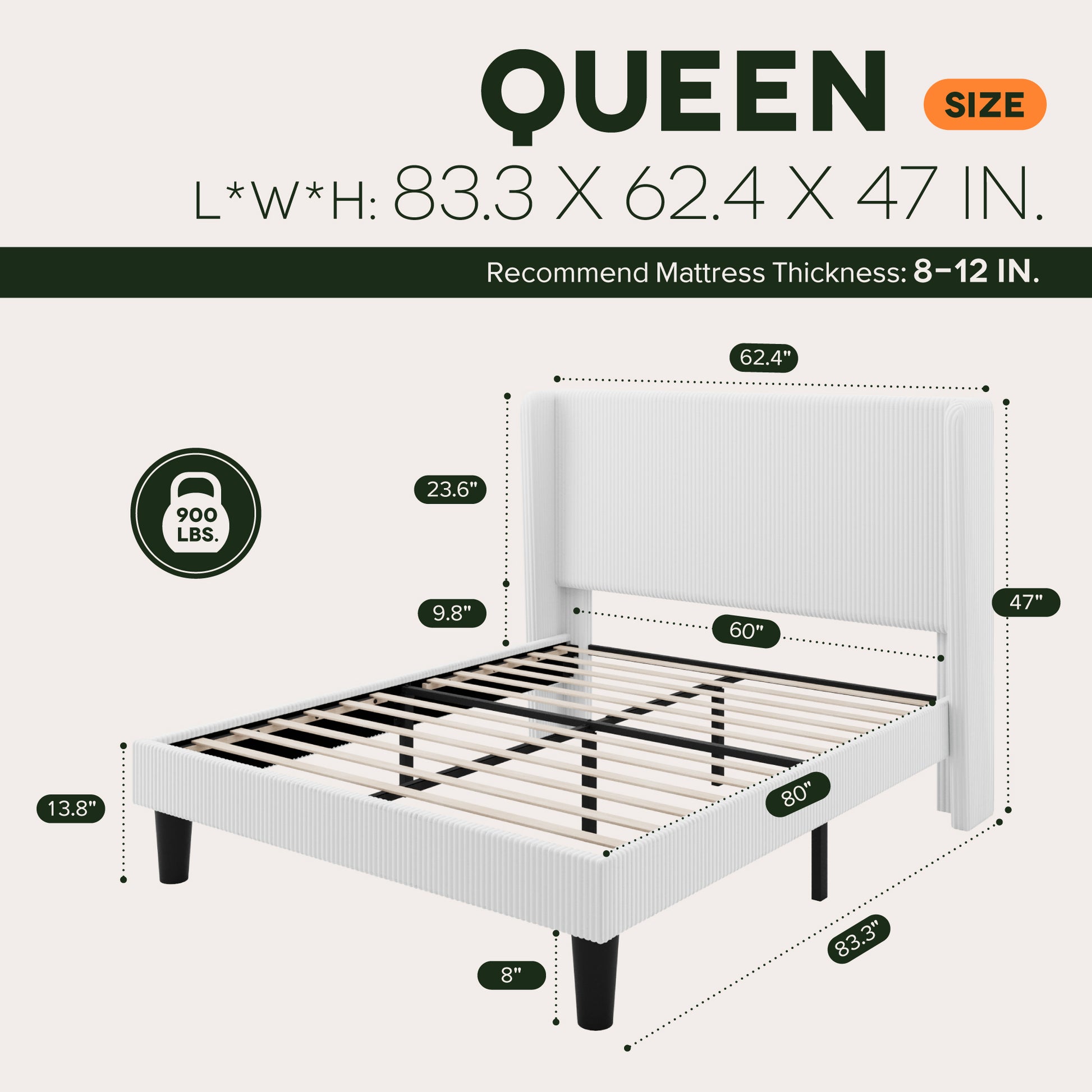 Einfach Luxury Channel-Tufted Corduroy Velvet Platform Bed Frame with Wingback Headboard