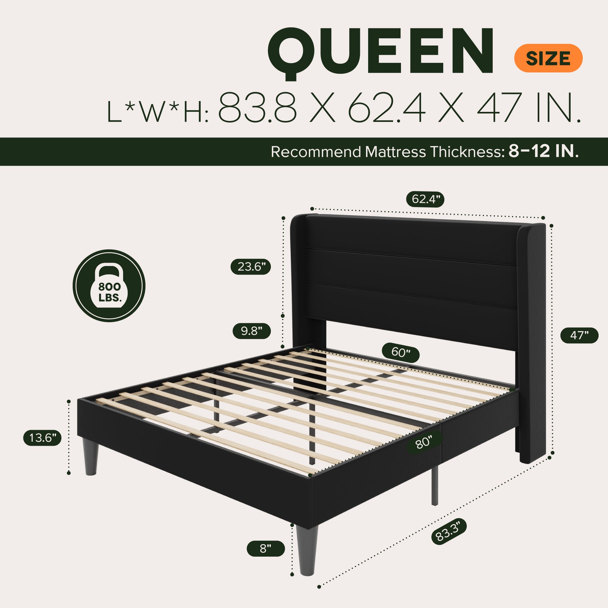 Einfach Luxury Velvet Upholstered Platform Bed Frame with Wingback Headboard