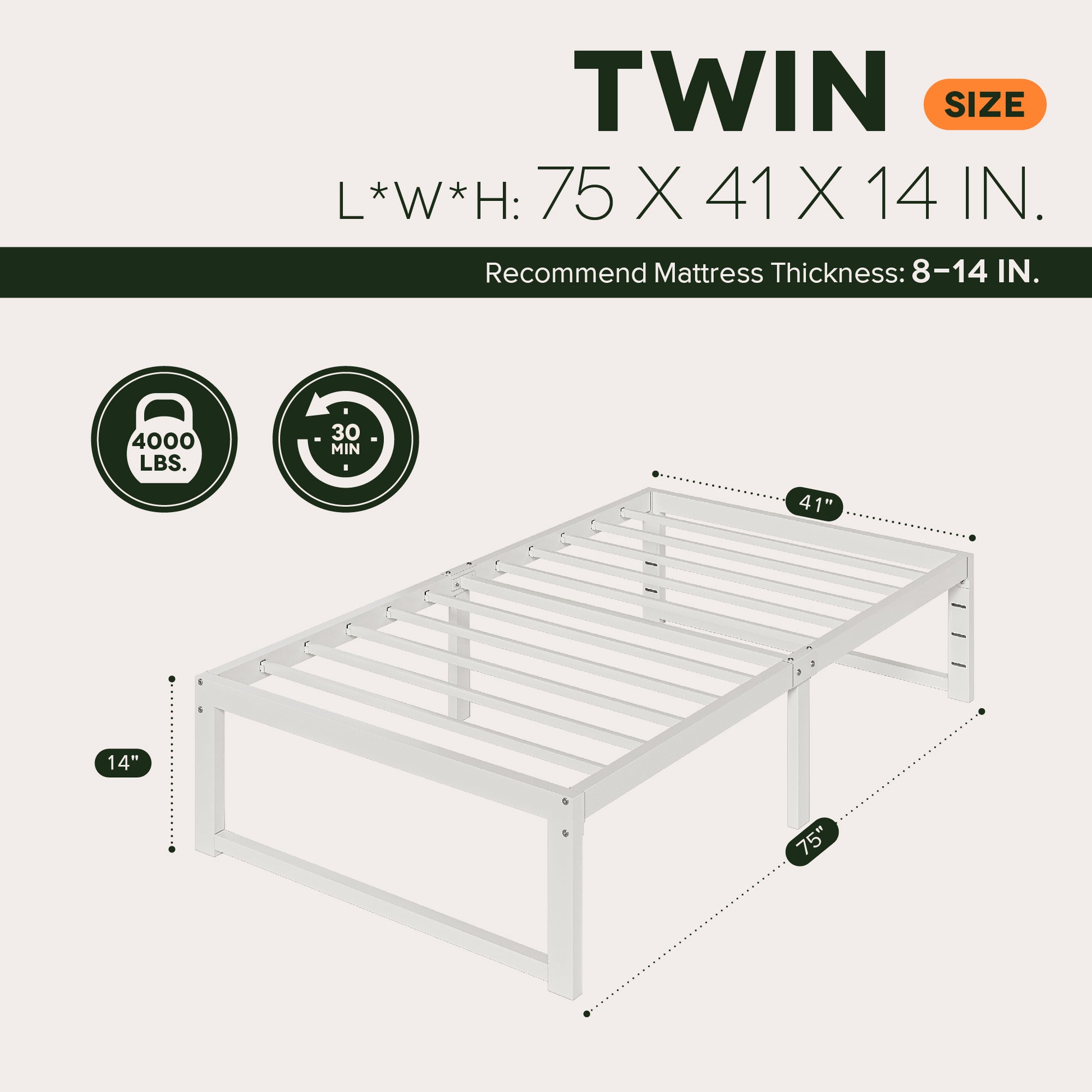 Einfach 14" Bed Frame, Heavy Duty Metal Slat Platform with Ample Underbed Storage, Noise Free
