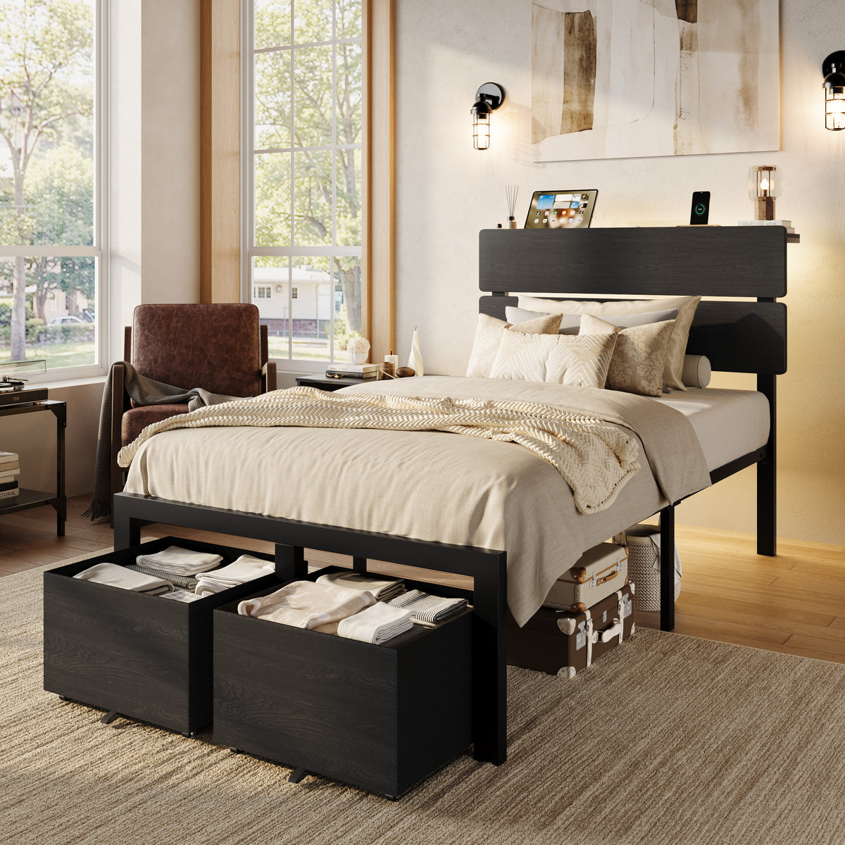 Einfach Bed Frame with 2 Large‑Capacity Drawers, LED Wooden Storage Headboard and Charging Station, No Box Spring Required