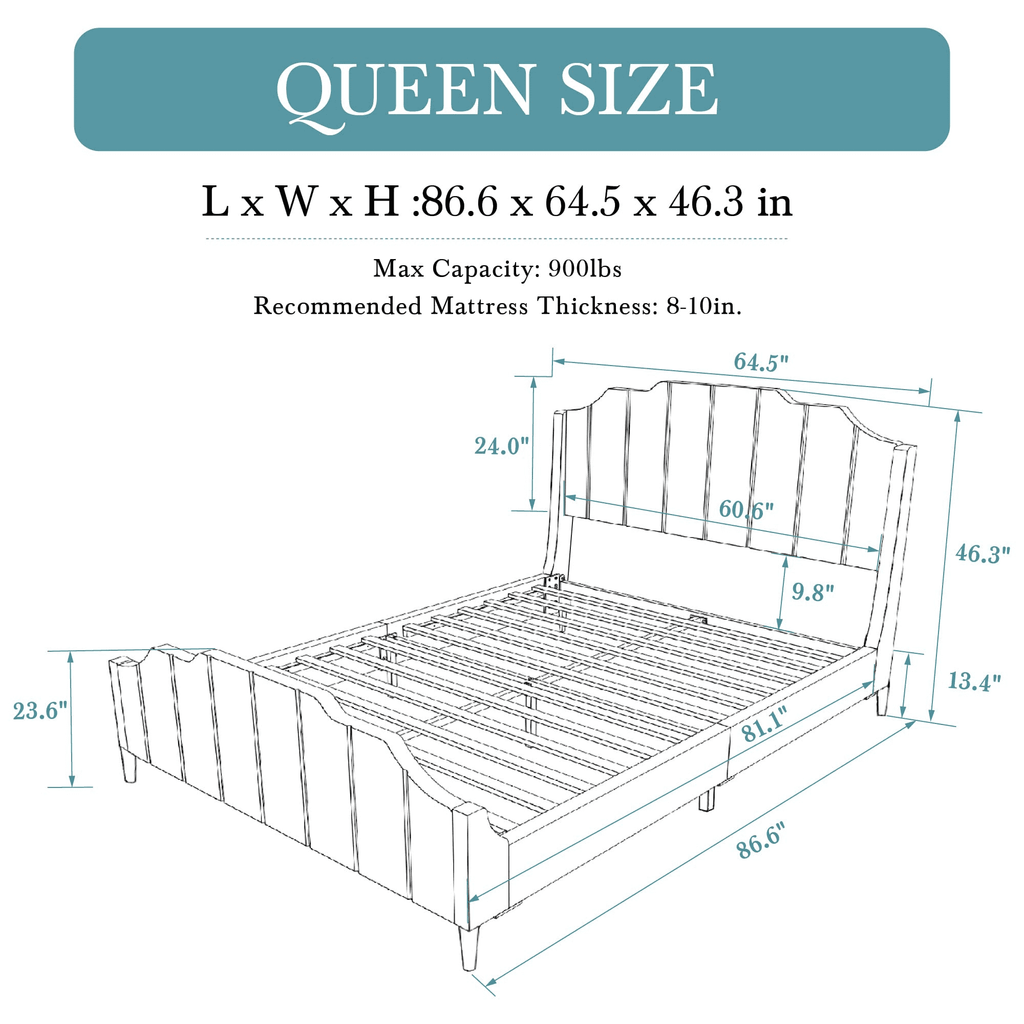 Einfach Queen Upholstered Platform Bed with Velvet Wingback
