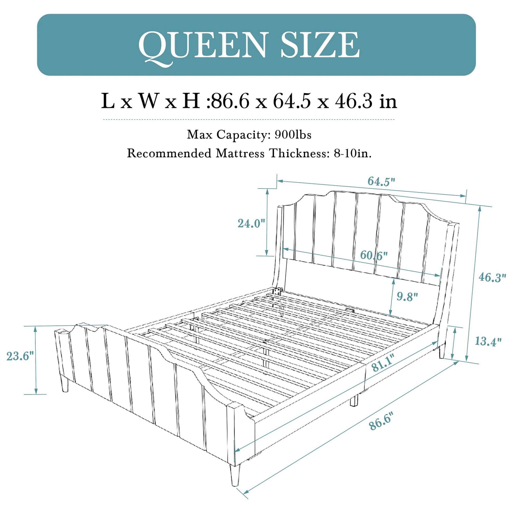Einfach Queen Upholstered Platform Bed with Velvet Wingback