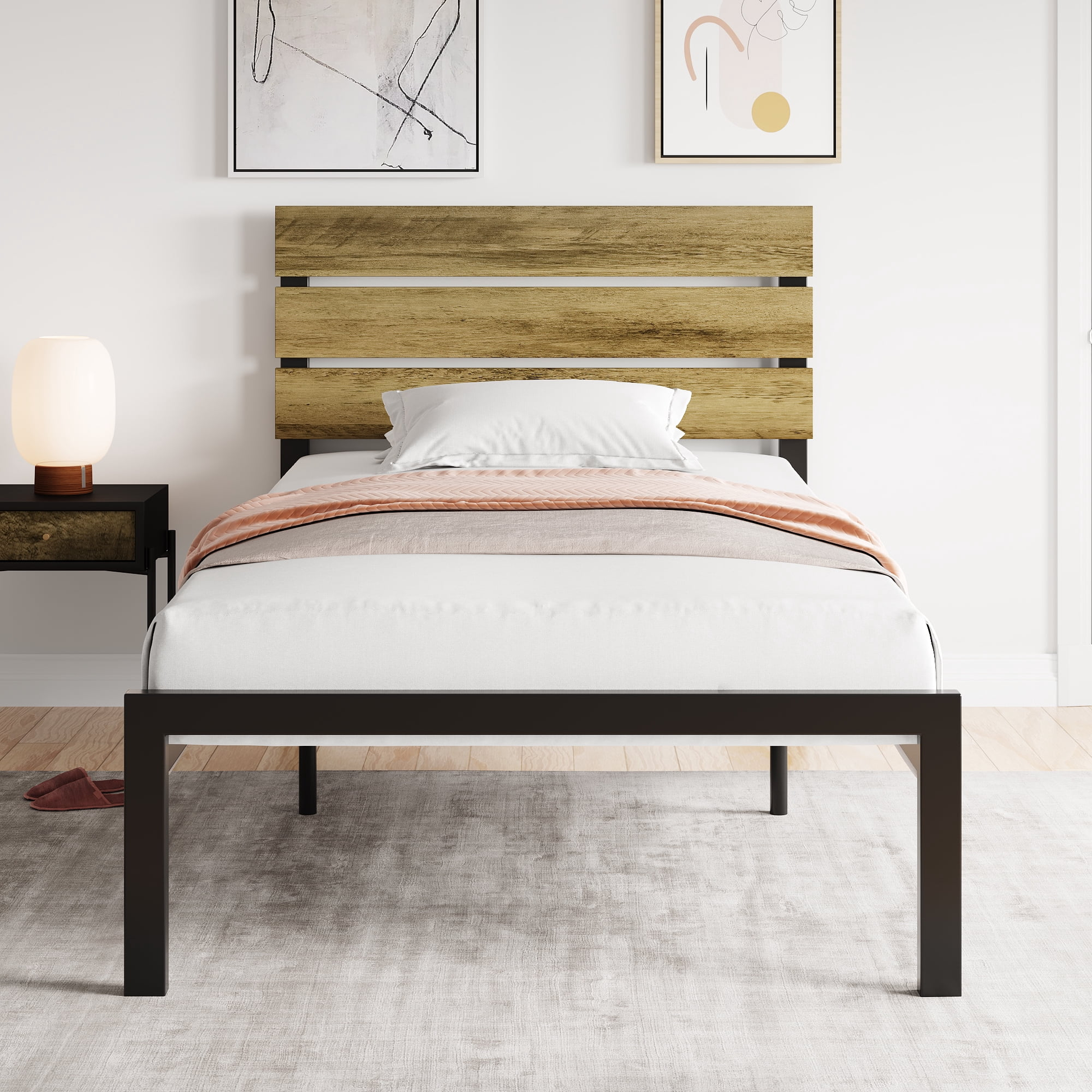 Einfach Metal Bed Frames with 3-Panel MDF Headboard