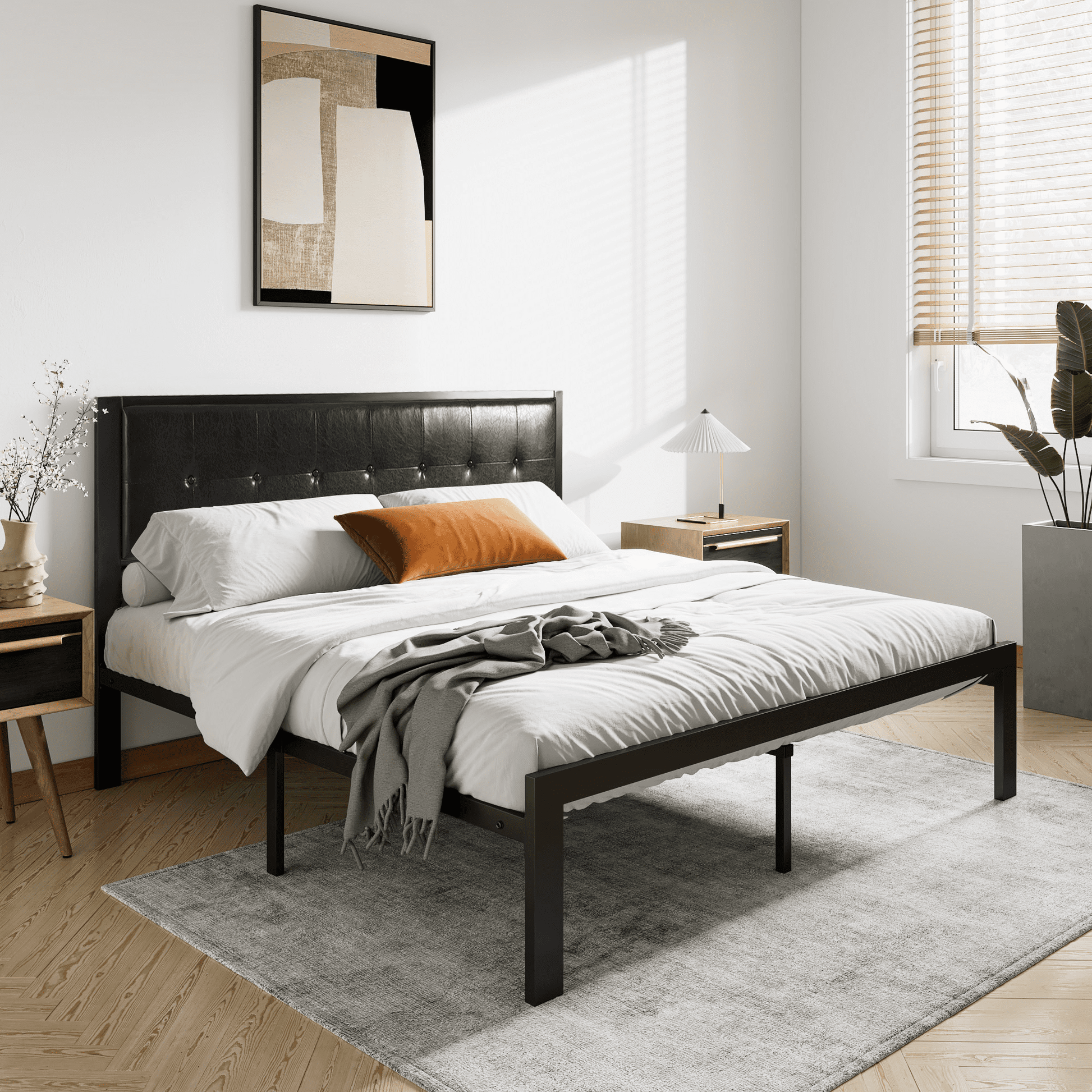 Einfach Platform Bed with Button Tufted Square Stitched Headboard