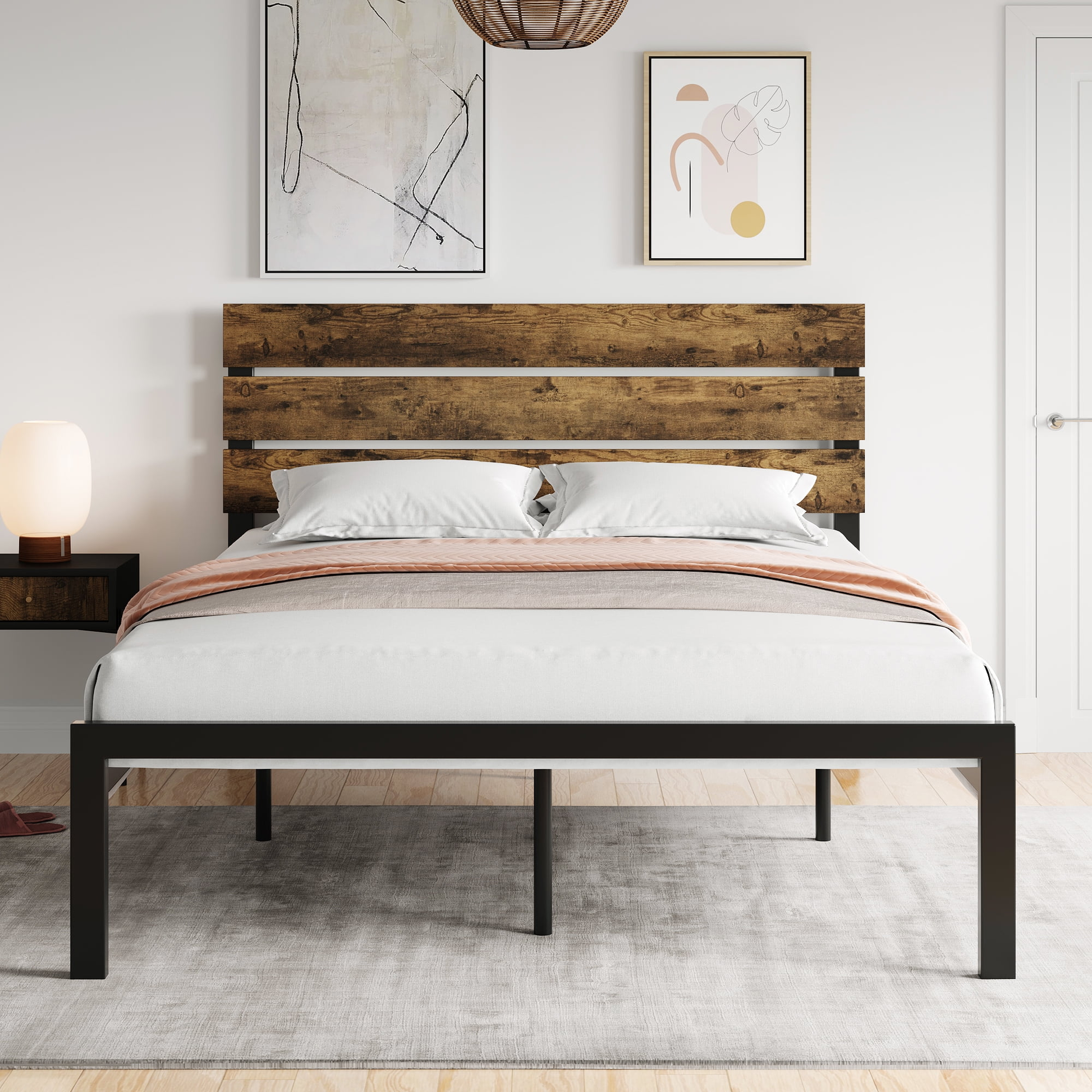 Einfach Metal Bed Frames with 3-Panel MDF Headboard