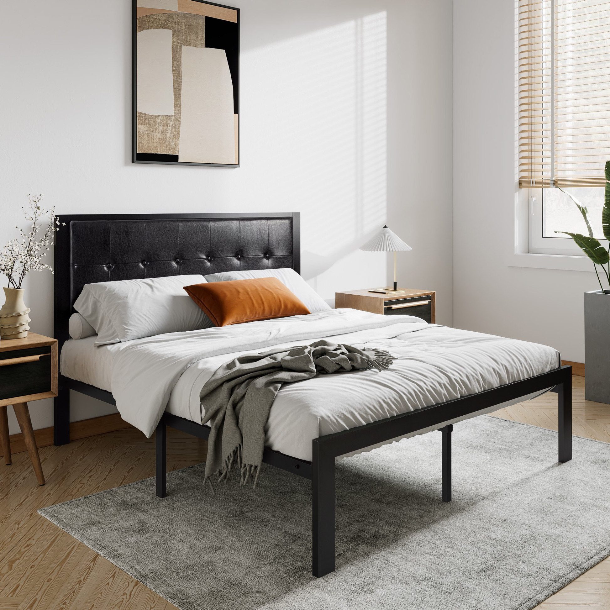 Einfach Platform Bed with Button Tufted Square Stitched Headboard