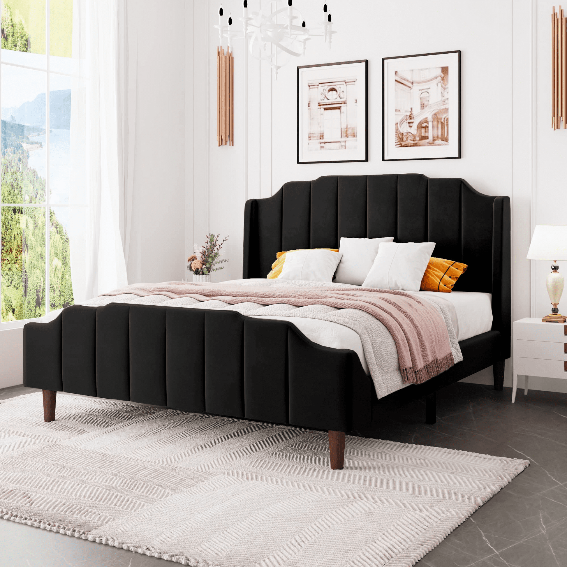Einfach Queen Upholstered Platform Bed with Velvet Wingback
