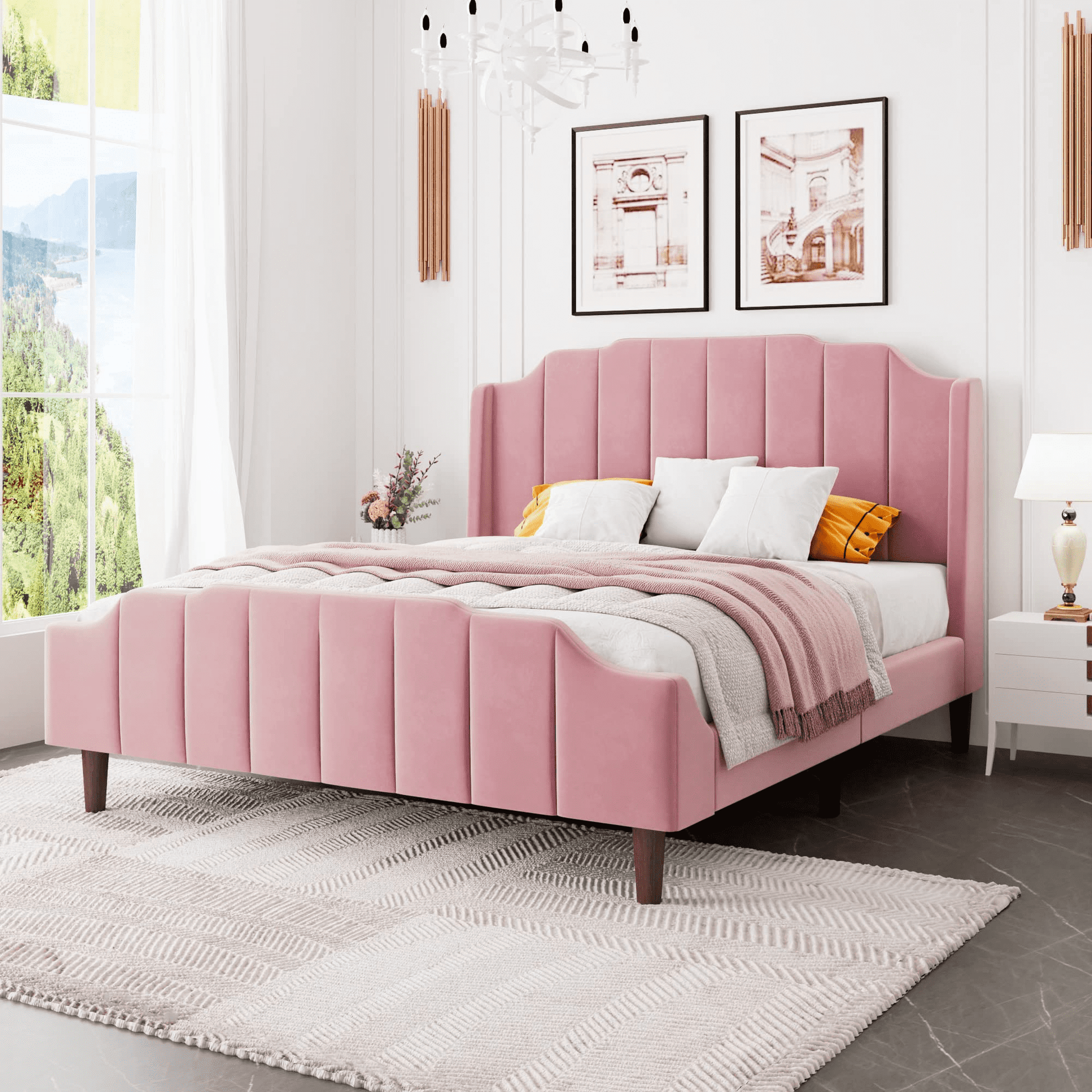 Einfach Queen Upholstered Platform Bed with Velvet Wingback