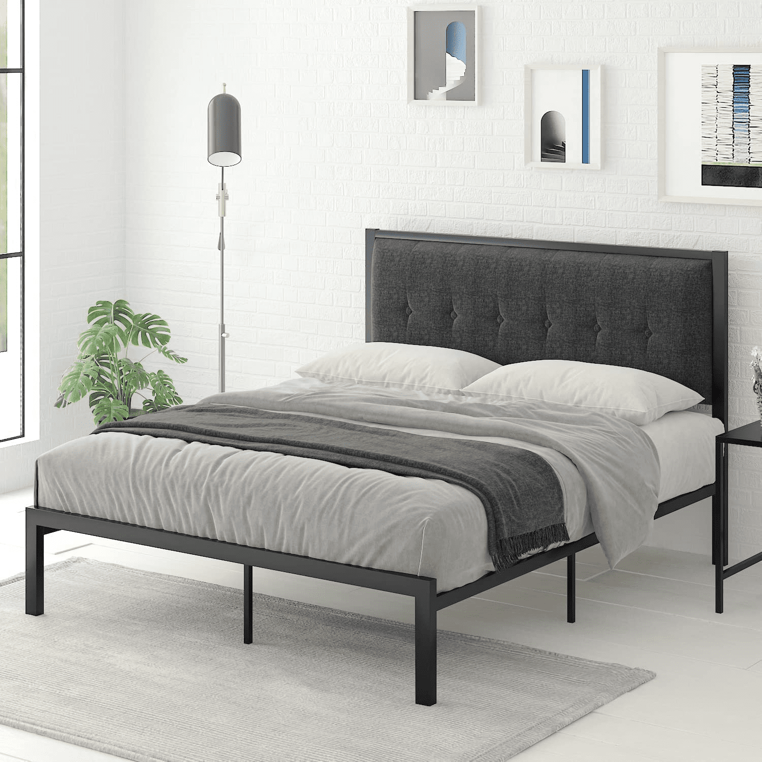 Einfach Platform Bed with Button Tufted Square Stitched Headboard