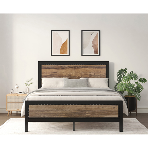 Einfach  Metal Bed with Solid MDF Headboard & Footboard, Rivet Decoration,