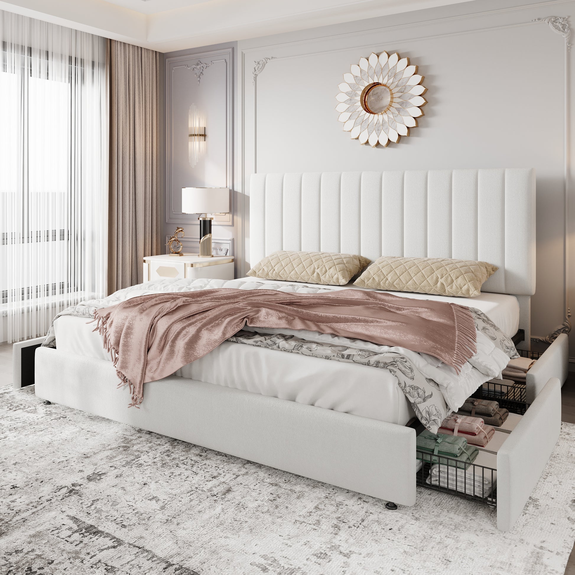 Einfach Bed Frame with Adjustable Upholstered Velvet Headboard and 4 Storage Drawers