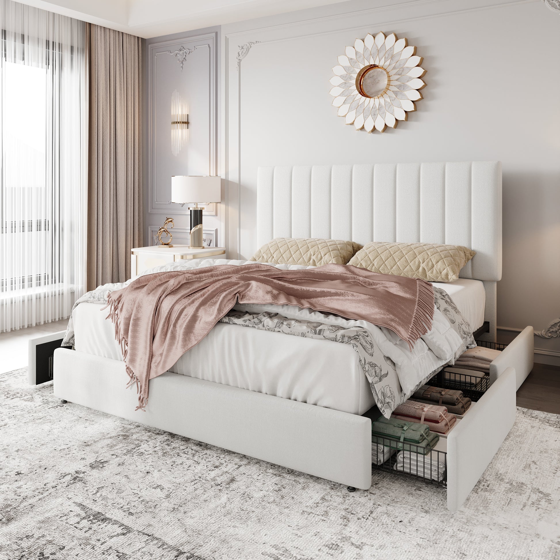 Einfach Bed Frame with Adjustable Upholstered Velvet Headboard and 4 Storage Drawers