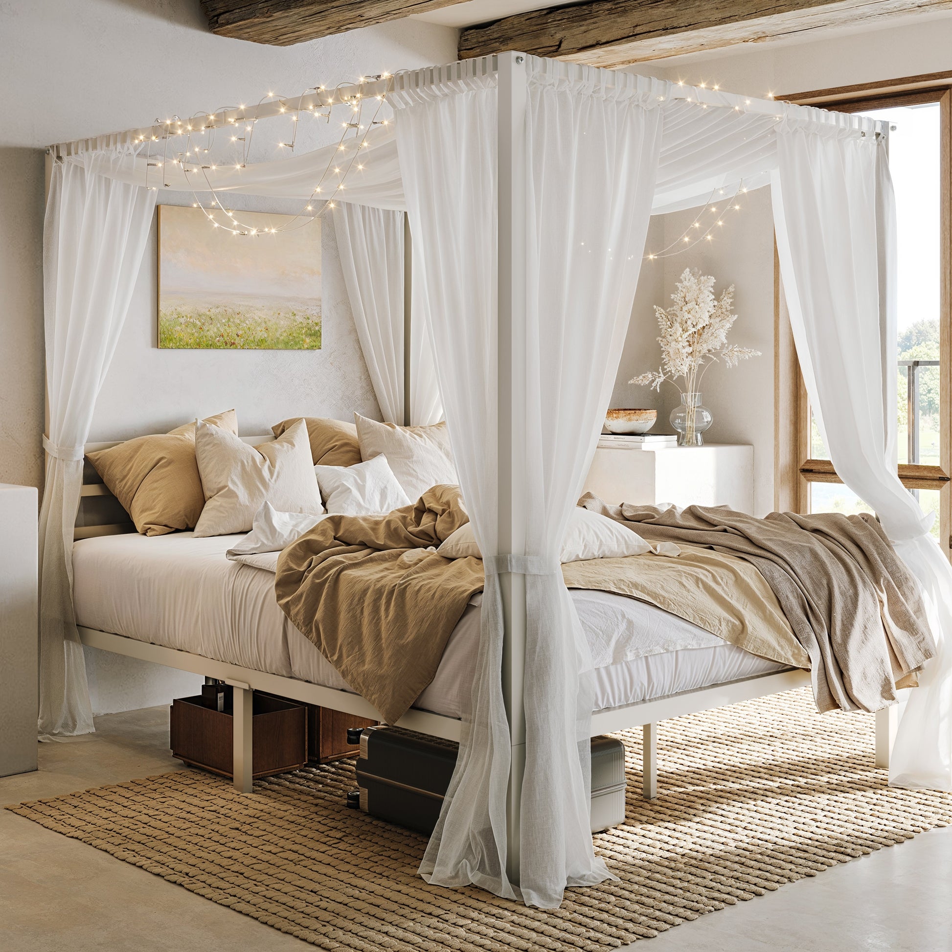 Einfach Canopy Bed Frame with Metal Headboard, Nox Box Spring Needed